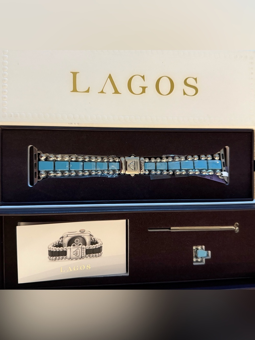 LAGOS Smart Caviar Bracelet For Your Apple Watch SS & Blue Ceramic. New in Box